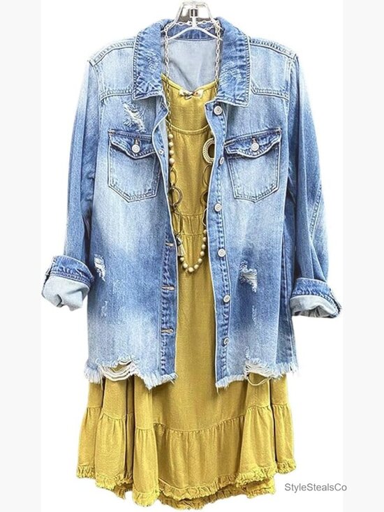 Jackets & Blazers - Distressed Denim Jacket Mid-Long Ripped Button Down Casual Women's